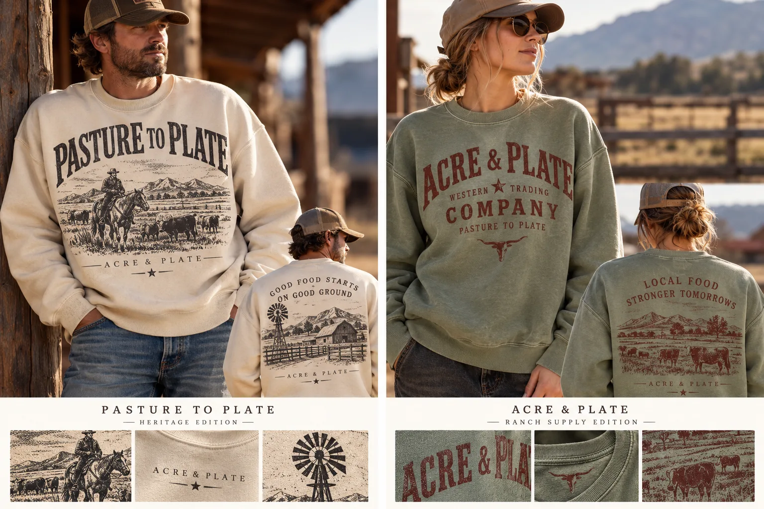 Acre & Plate heritage apparel concepts: cream ranch illustration sweatshirt and washed sage Western lettering sweatshirt